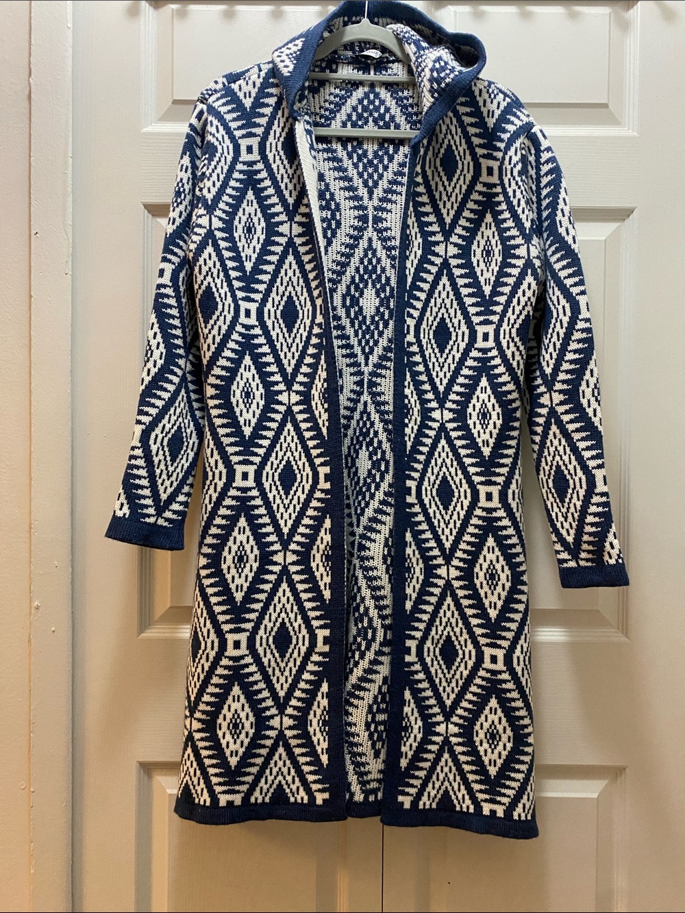 Navy & White Geometric Hooded Knit Cardigan - Wool Blend U.S. Size Medium